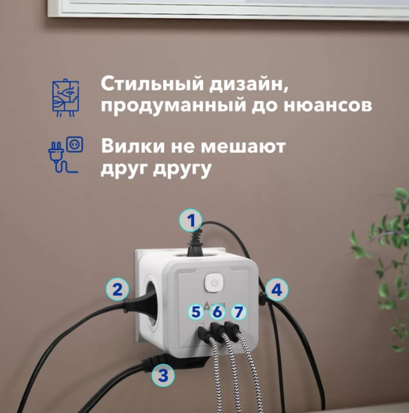 Разветвитель 4 розетки 220V, 2 USB, 1 Тype C / Тройник универсальный / Универсальное зарядное устройство Power Block